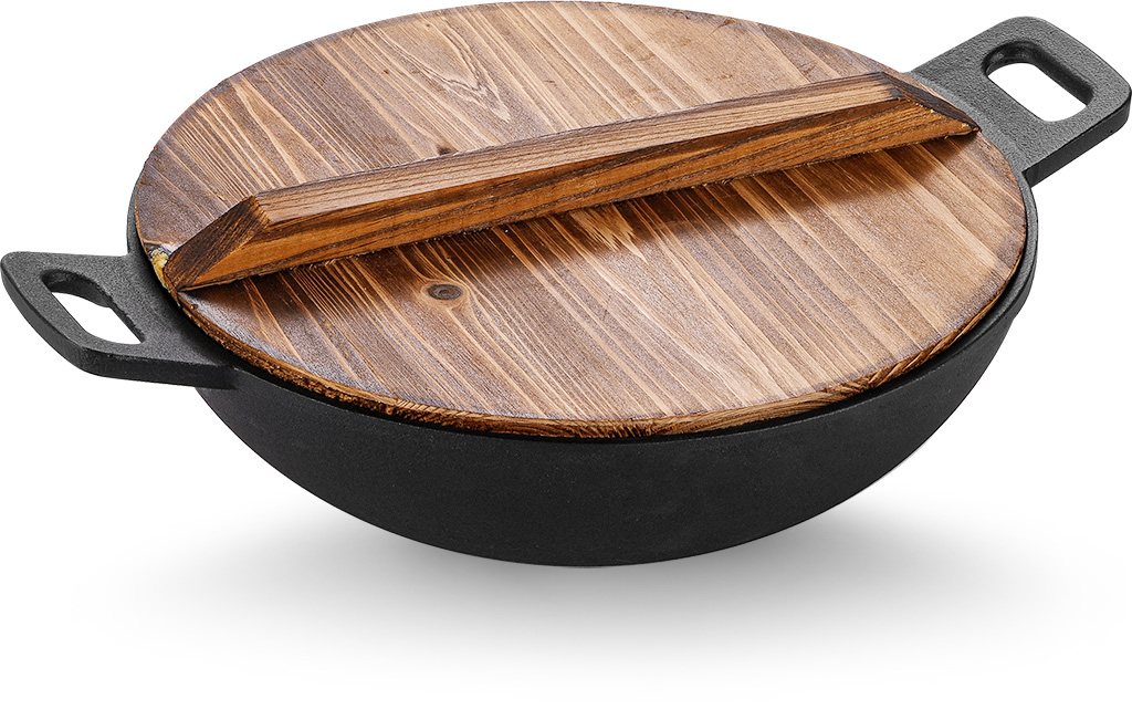 Heavy Duty Cast Iron Wok with Wood Lid